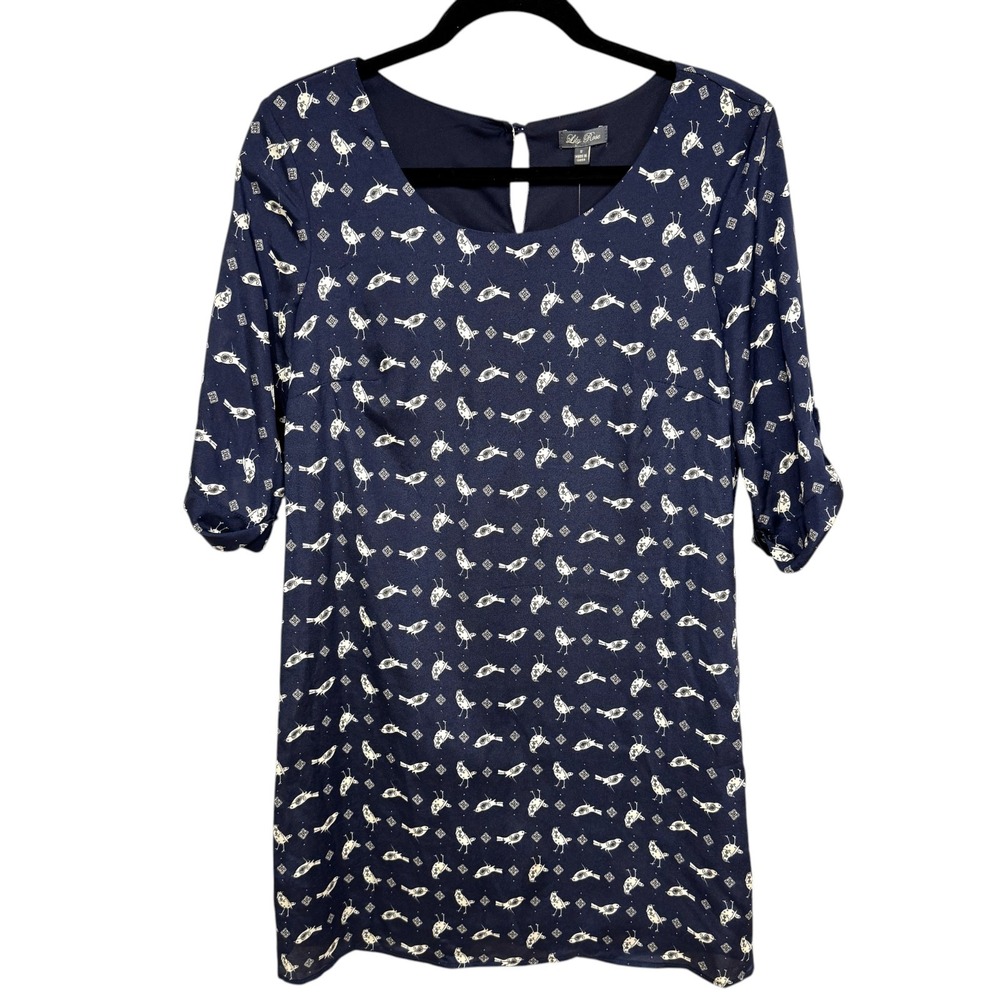 Lily Rose Mini Dress, Size Small, Navy Blue Cream Bird Print Roll Tab Sleeve NEW